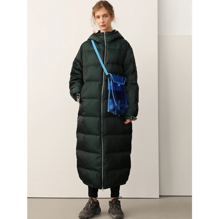 IRINAY046 2018 New Collection special fabric shiny dark green simple long oversized white duck down jacket winter coat women