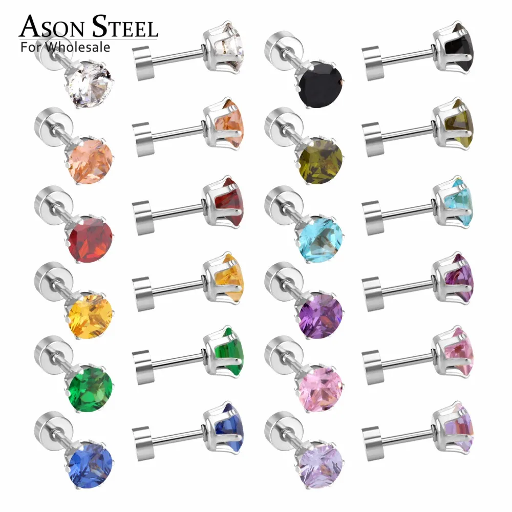 ASONSTEEL 3mm/6mm Silver Stainless Steel Earrings Mix Color CZ Stud