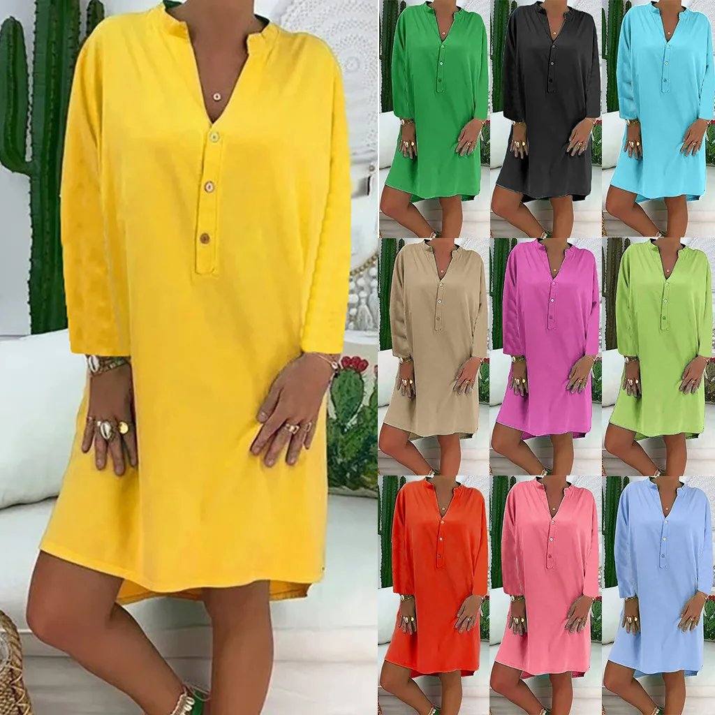 

Dress 2019Top Women's Ladies Plue Size Loose Solid Long Sleeve Cotton Linen Knee Length Dress Bohe Dress