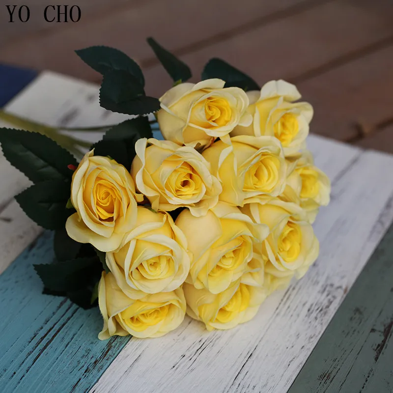 Йо Чо 12 глава искусственный роза Свадебный центральным рождественские украшения для дома шелк искусственный цветок Высокое качество поддельных цветок - Цвет: yellow