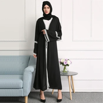 

Fashion Muslim Long Robe Gowns Tunic Middle East Ramadan Islamic Prayer Clothing Abaya Lace Full Dresses Black Cardigan Kimono
