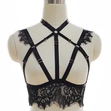 Черный кружевной бюстгальтер, эластичный регулируемый сексуальный бюстгальтер, ремень для тела, Панк Рейв, ремень Готический Топ, бюстгальтер на бретельках