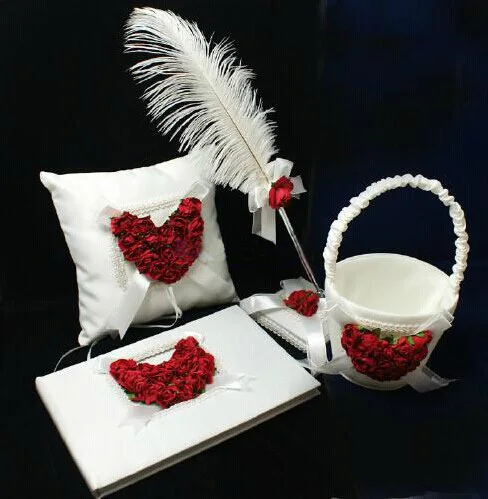 

Free shipping,Set of 4pc Red and white Satin Rose Heart Wedding Guest Book Ring Pillow Flower Basket Feather Pen Holder Set