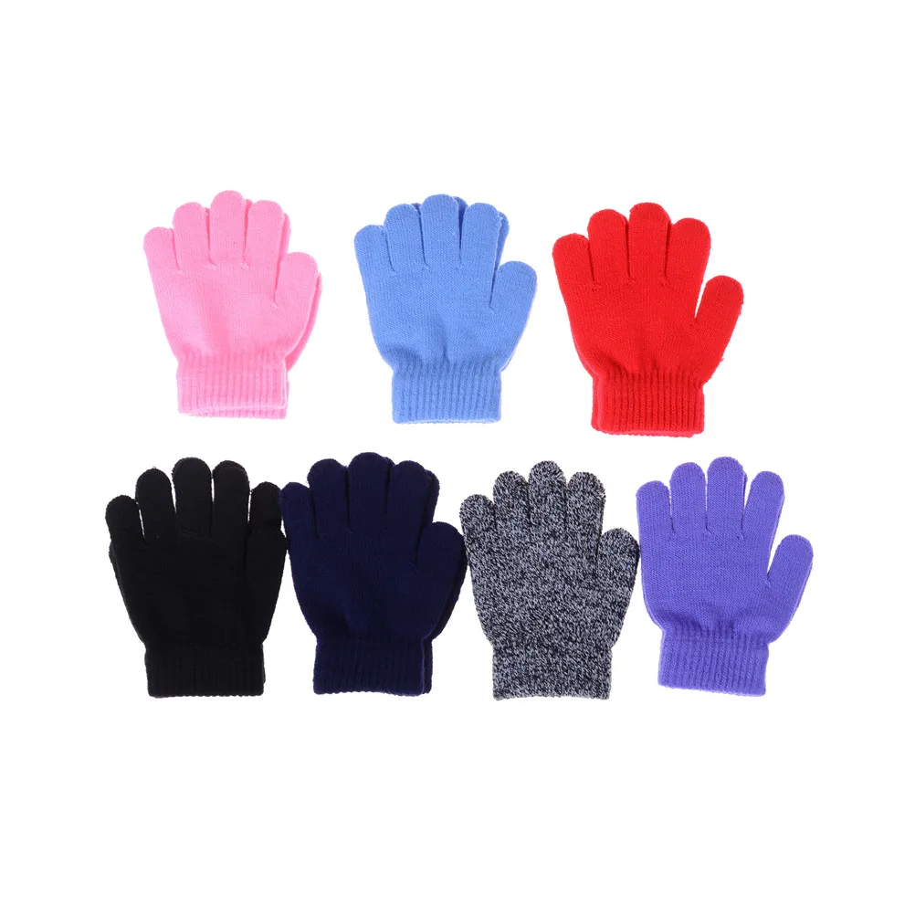 Зимние теплые детские перчатки, детские вязаные эластичные варежки, Детские однотонные перчатки для девочек, перчатки на полный палец, Вязаные Случайные перчатки для мальчиков