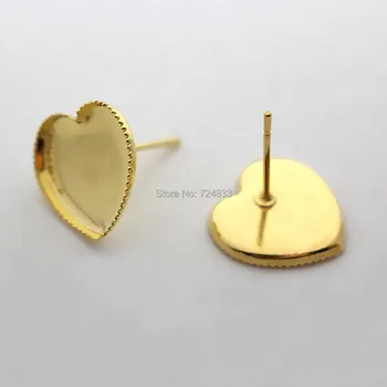 

Golden tone Plated Brass Blank Earrings Bases with 10mm 12mm Heart Bezel Cabochon Stud Earrings Post Settings Findings Wholesale