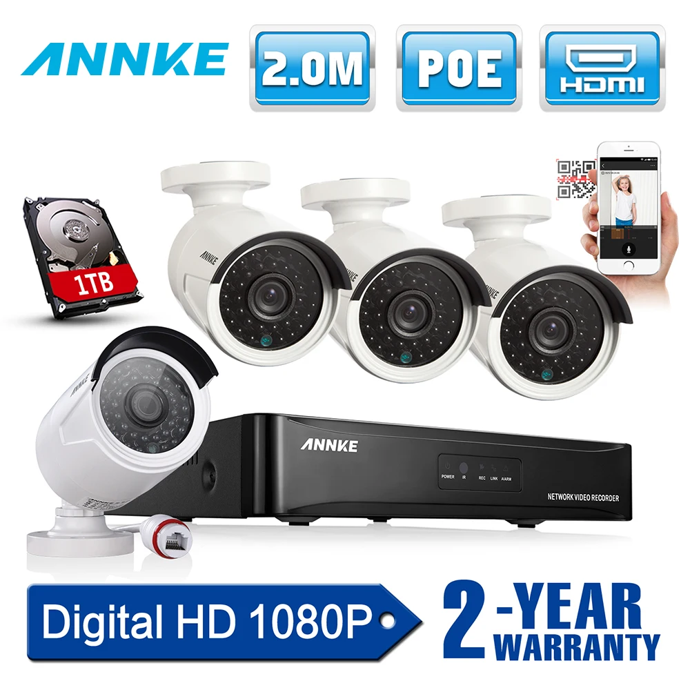 Independiente suficiente En realidad ANNKE HD 960 P HD POE 4 piezas 1.3MP red IP CCTV cámara de seguridad de  casa Sistema de 4CH HDMI NVR alerta de correo electrónico vigilancia  Bluetooth HDD de 1 TB|annke