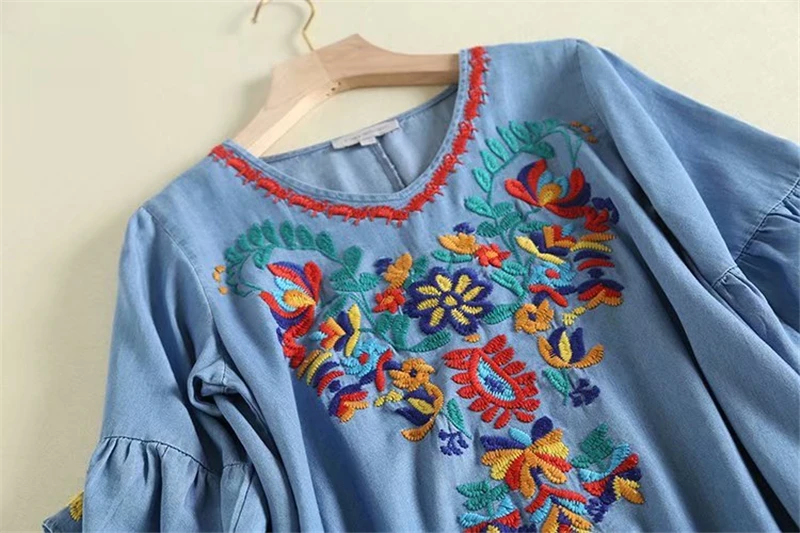 Vintage chic women floral embroidery beach Bohemian midi dress Ladies short sleeve v-neck denim Boho vestidos