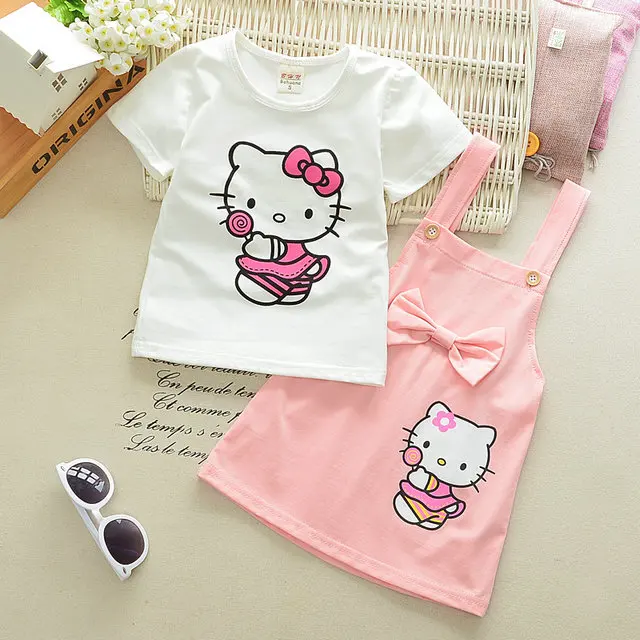 Комплекты одежды для маленьких девочек летняя белая футболка с короткими рукавами и принтом «hello kitty» платье с бантом на поясе комплекты одежды для девочек из 2 предметов