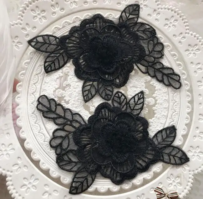 15pcs/lot 11.5x5.5cm width black flower embroidered mesh lace appliques
