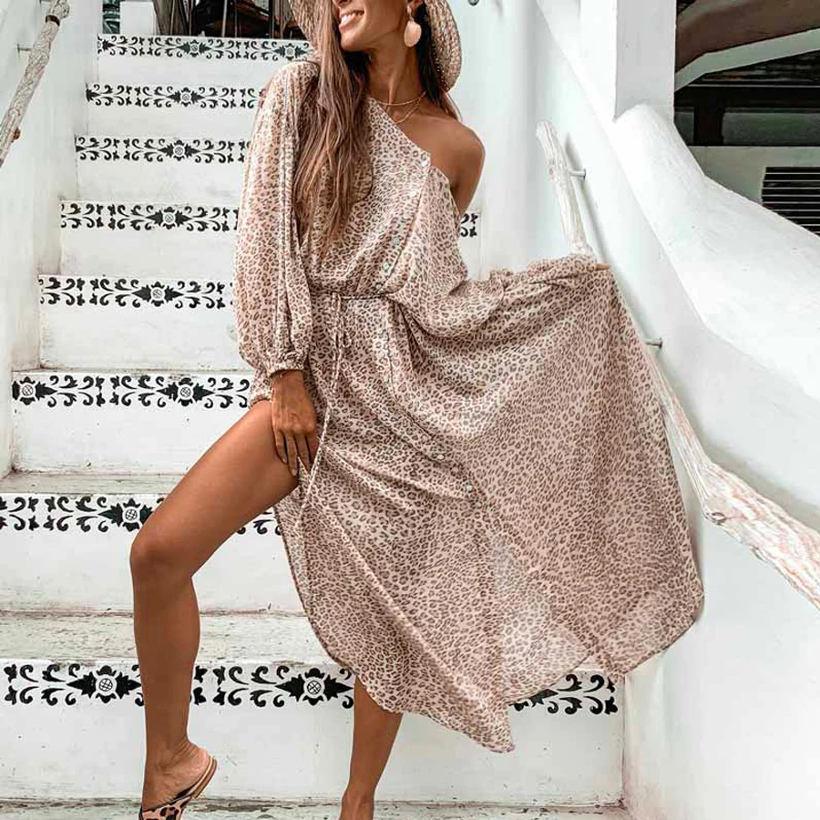 

Leopard boho cheetah print long sleeve Sexy side slit button front Gypsy loose tunic women chic dresses beach holiday Wear