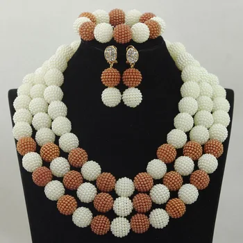 

White and Champagne African Beads Jewelry Sets beaded Bridal Handmake Wedding Party Jewelry Set Layered Ball Weaving hx337
