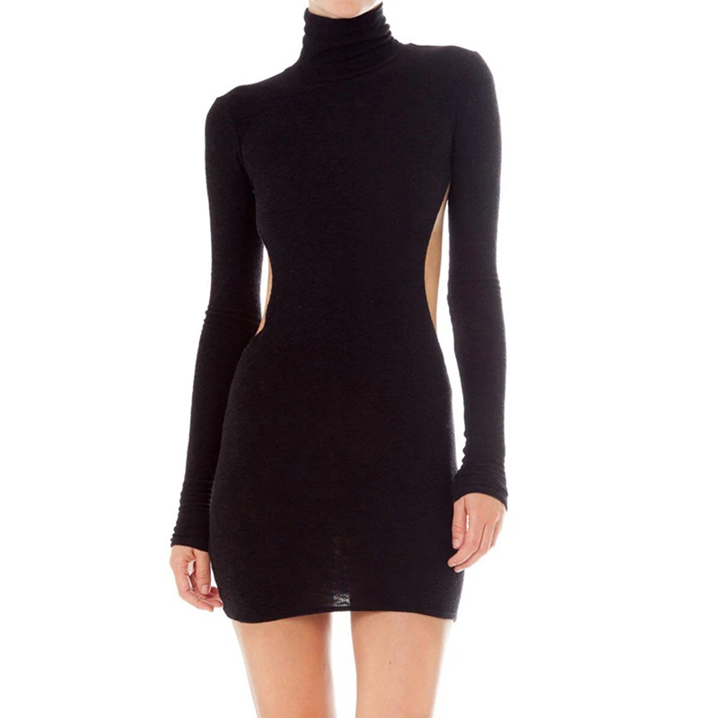 

Spring Autumn Women Dress Elegant Back Hollow Out Mini Party Dress Bodycon High Neck Sexy Dresses Vestido