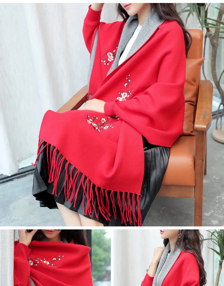 Женская накидка-летучая мышь пальто кашемировое цветочное кимоно с вышивкой асимметричное Повседневное трикотажное рукав модный свободный женский свитер, кардиган