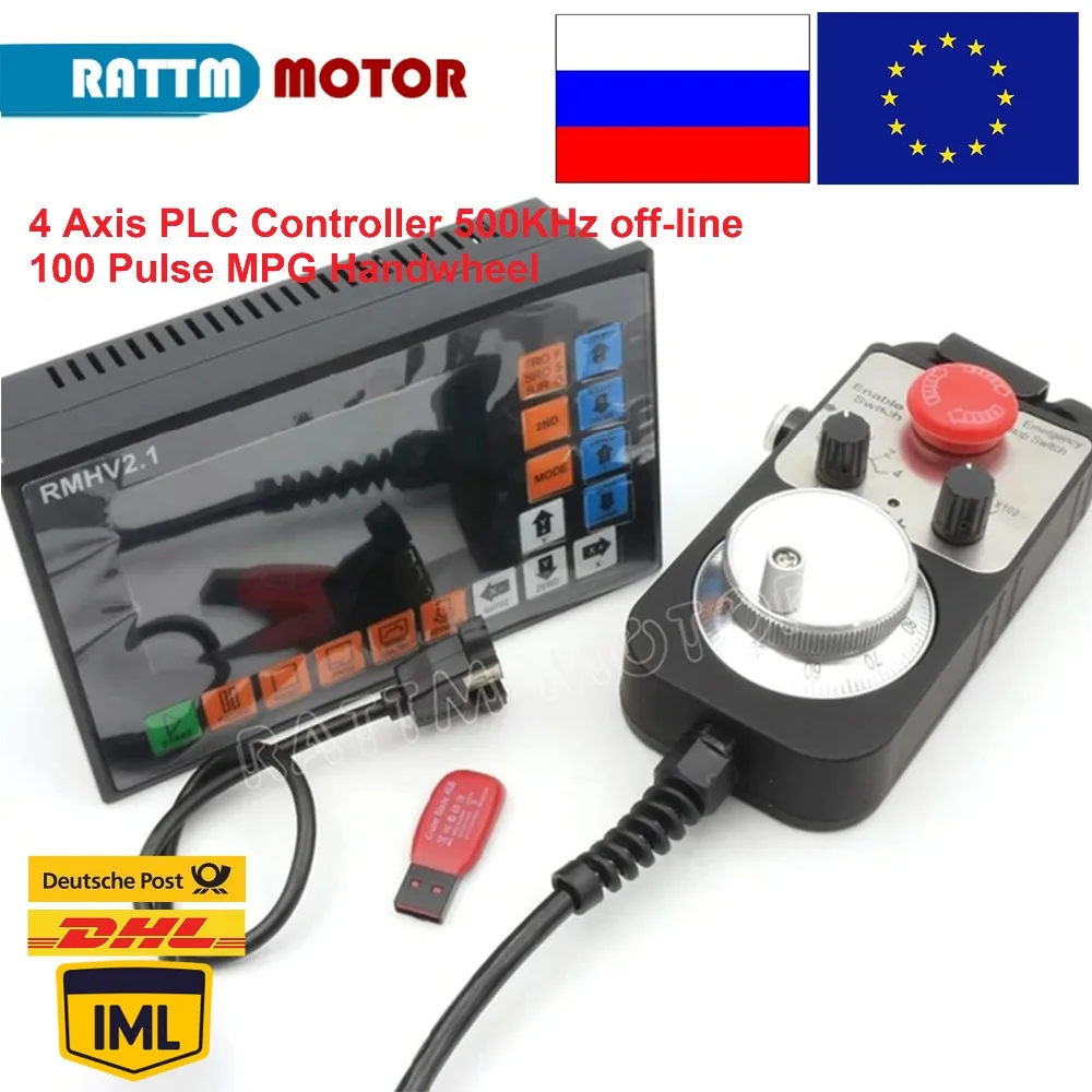 

EU Ship!4 Axis PLC Controller 500KHz off-line & 100 Pulse MPG Handwheel Emergency Stop for CNC Router Engraving Milling Machine