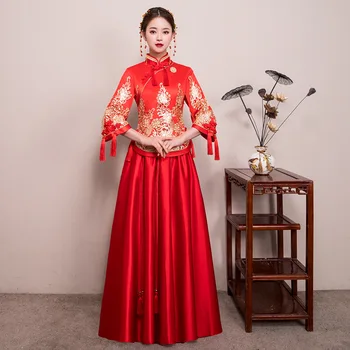 

Vintage red Bridal Embroidery Cheongsam Modern Traditional Chinese style Wedding Dress Oriental Womens Qipao Vestidos Size S-XXL