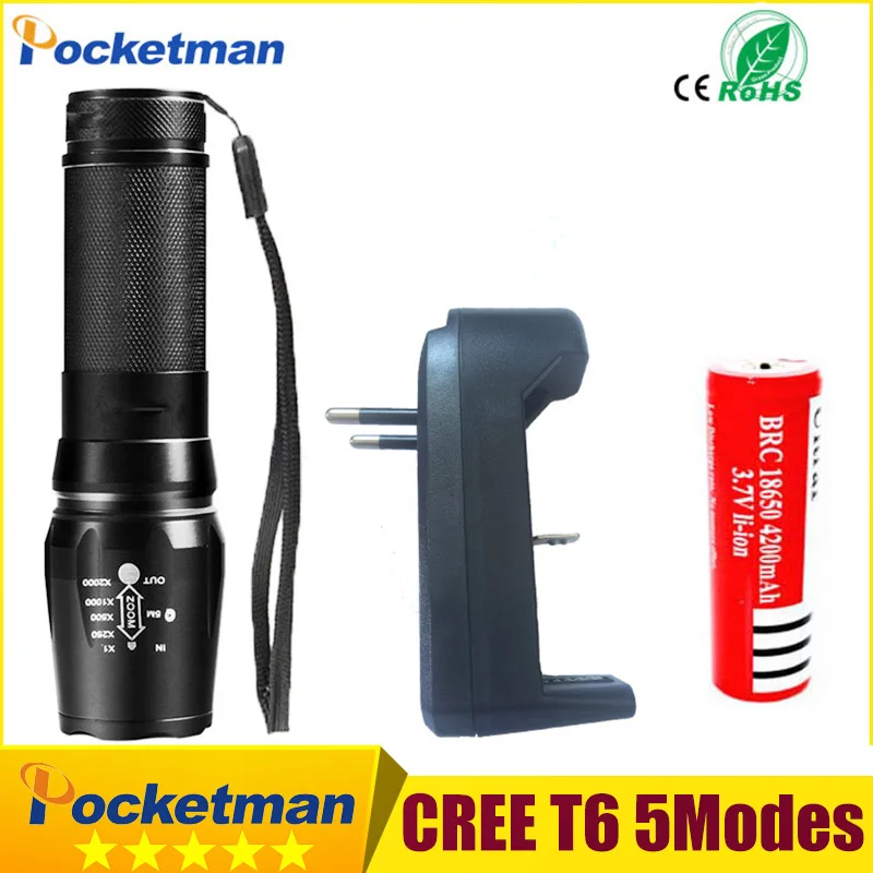 

Led Flashlight XM-L T6 4000LM Led Torch Zoomable Flashlights Linternas Lampe torche Charger 18650 Rechargeable Battery zk50