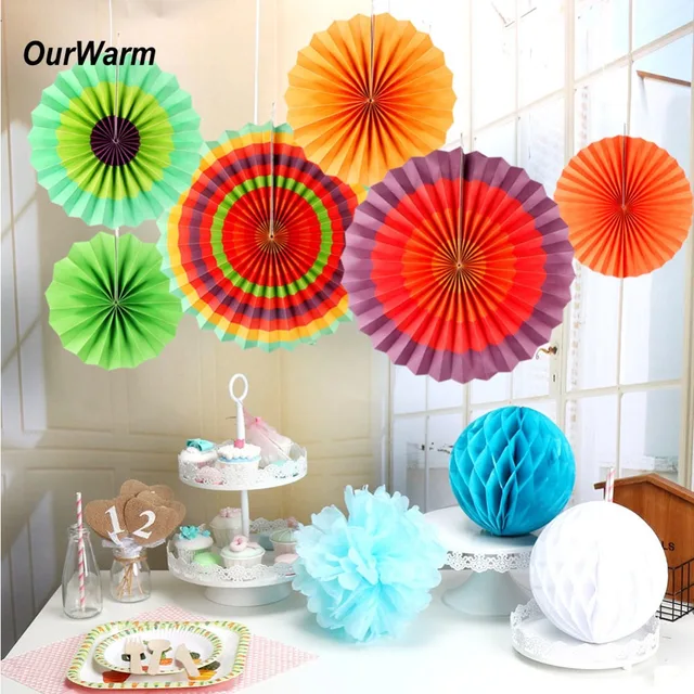 ourwarm 6pcs colored paper fans mexican party decorations hanging hanging paper flower backdrop