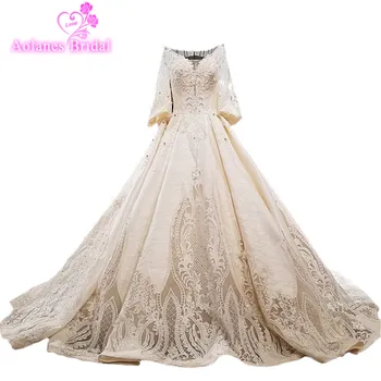 

AOLANES 2018 Luxury Champagne Satin Long Sleeves V-neck Bridal Gowns Cathedral Train Backless Ball Gown Vintage Wedding Dresses