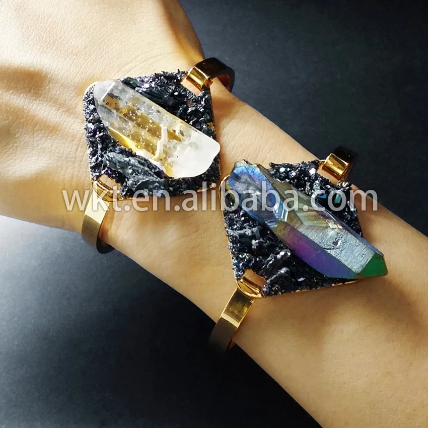 

WT-B175 Exclusive! Boho Glam Raw Crystal Quartz druzy Bracelet, raw Peacock Ore and Kyanite Minerals druzy fashion bracelet