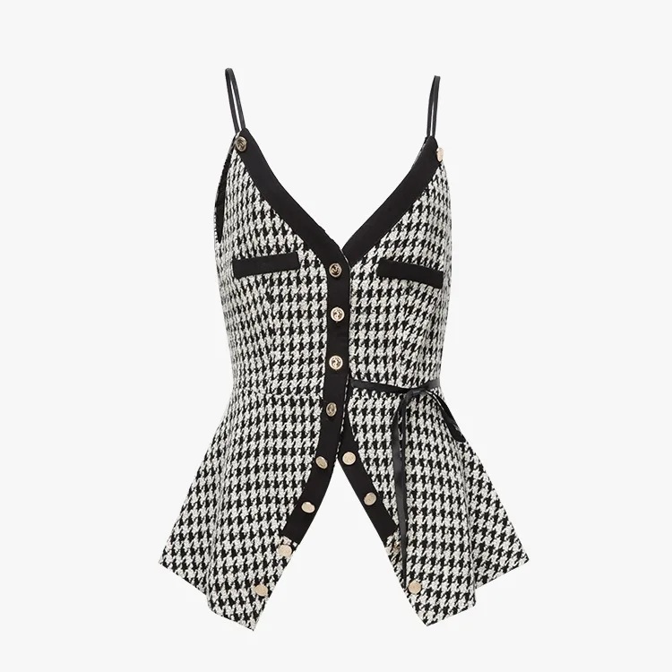 New Kind of Black-and-White Chickbird Lattice Wool Waist Receiving Velvet with Open Forked Outside Sling Belt for Spring 2019 New Kind of Black-and-White Chickbird Lattice Wool Waist Receiving Velvet with Open Forked Outside Sling Belt for Spring 2019