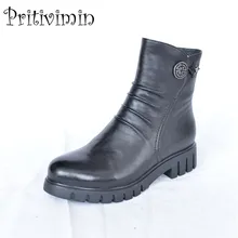 Г., женские теплые байкерские ботинки на низком каблуке с плюшевой подкладкой женские осенние короткие ботильоны женская кожаная обувь ручной работы Pritivimin FN45