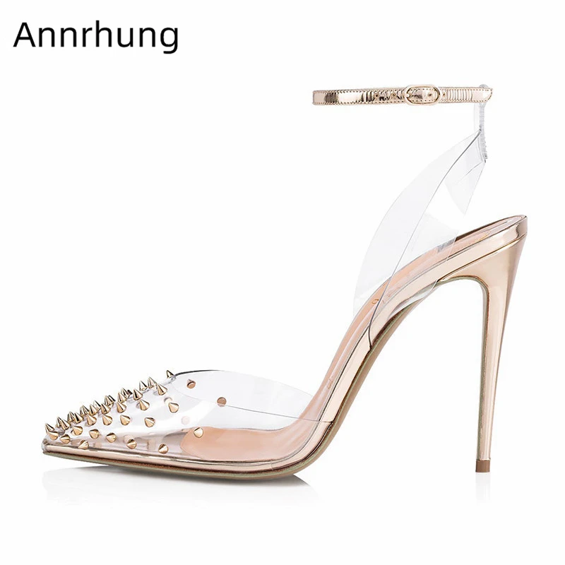 

Spike Rivet Transparent PVC Sandals Women Sexy Clear Pointed Toe Thin High Heels Fashion Stiletto Runway Shoes Woman
