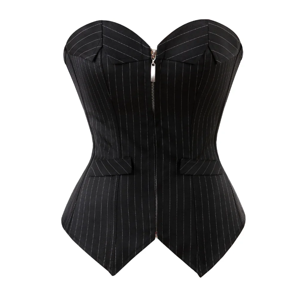 

Sexy Office Court Shaper Strapless Lady Sexy Black Stripes Lace up Corsets with Zip Overbust Corset