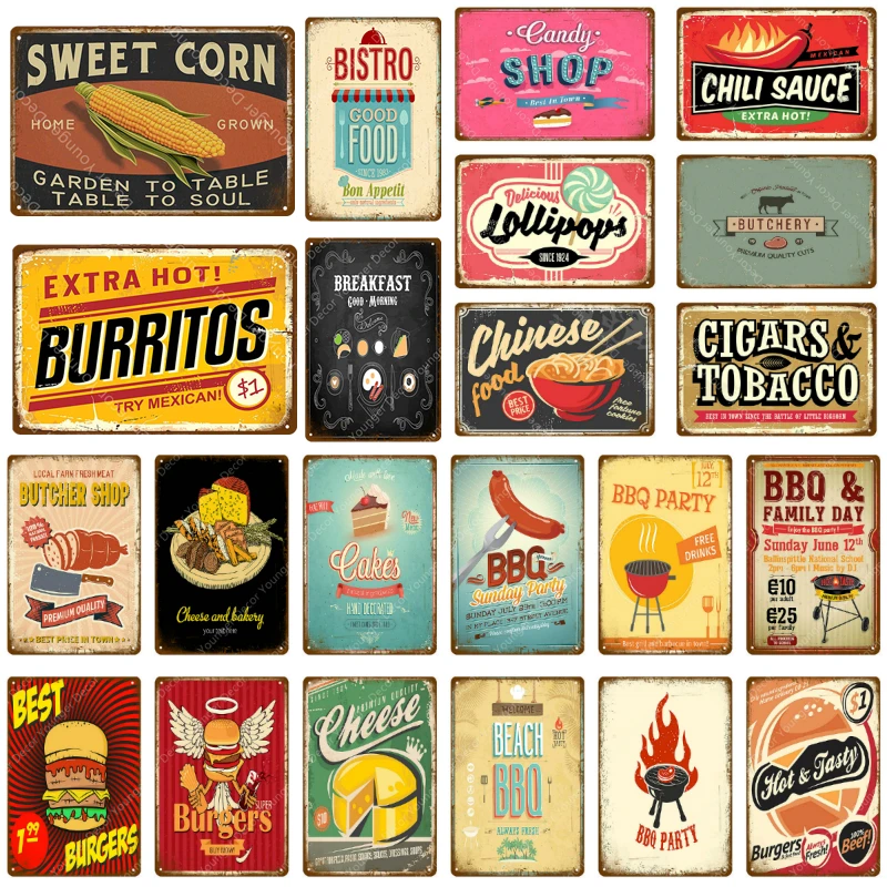 

Chinese Food Metal Signs Sweet Corn Chili Sauce Tobacco Painting Poster BBQ Family Party Decor Pub Bar Club Home Decoration