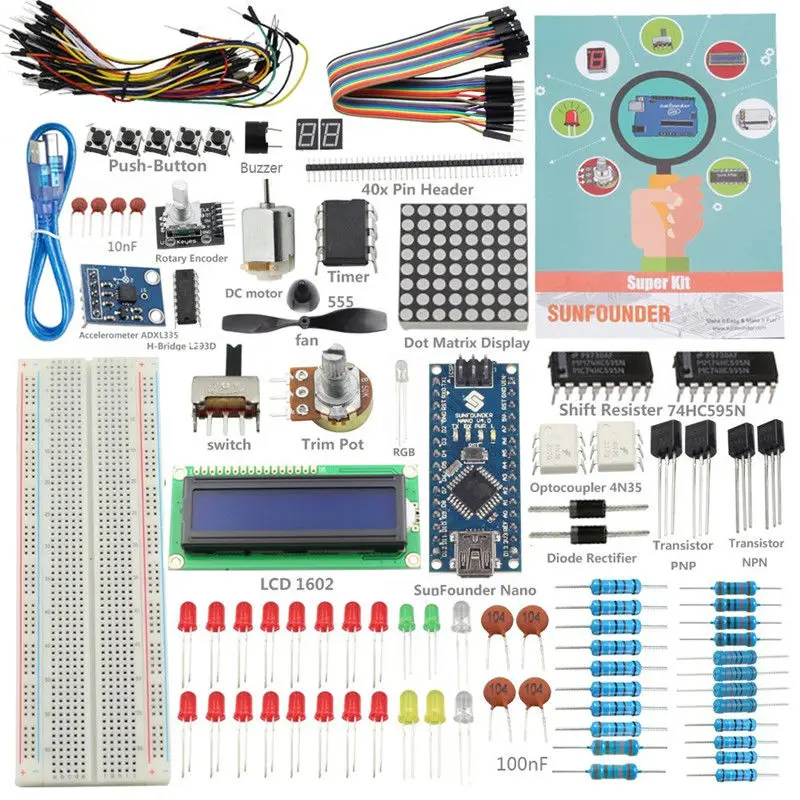 Sunfower 19 Projecst супер стартовый комплект v2.0 с мини-usb Nano V4.0 ATmega328P 5V плата микроконтроллера для Arduino