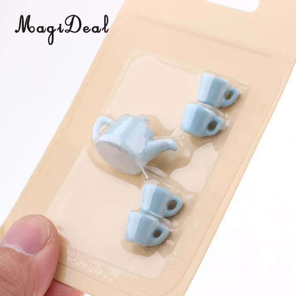 5 Pieces 1/12 Dollhouse Miniatures Dining Ware Porcelain Tea Cup Set Kitchen Accessory Blue