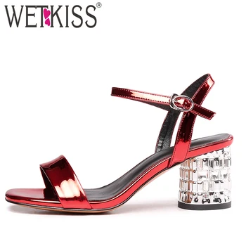 

WETKISS Crystal High Heels Sandals Women Open Toe Footwear Patent Pu Party Shoes Female Ankle Strap Shoes Woman Summer 2019 New