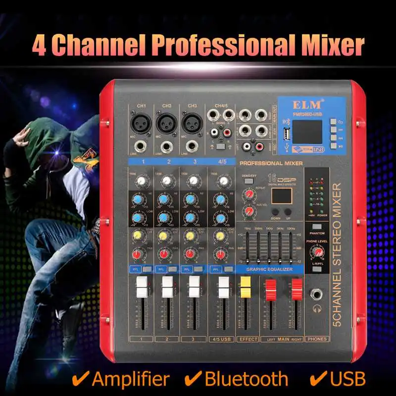 

48V Phantom Power 4 channel LCD digital display Audio Music Mixer Mixing Console+Power Adapter for Stage Performance Family