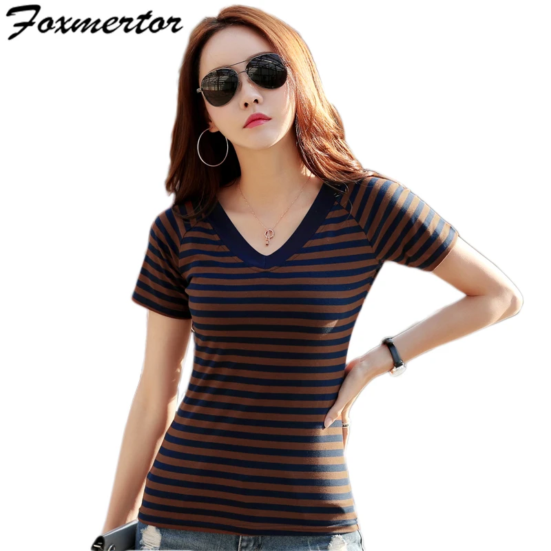 

Women Stripe Tshirts 2019 Summer High Quality Tee Fashion Ladies V-neck Short Sleeve Cotton Casual T Shirts Female Plus Size 3XL