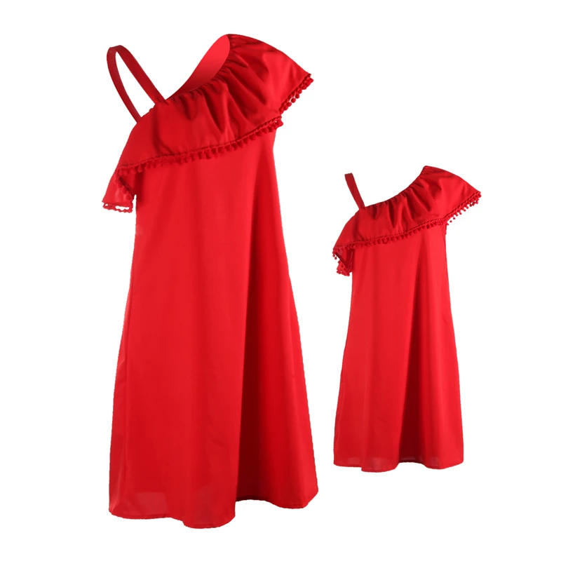 

Matching Mother Daughter Clothes Mom and Girls Solid Short Sleeve Dress Solid Red Slip Clothing