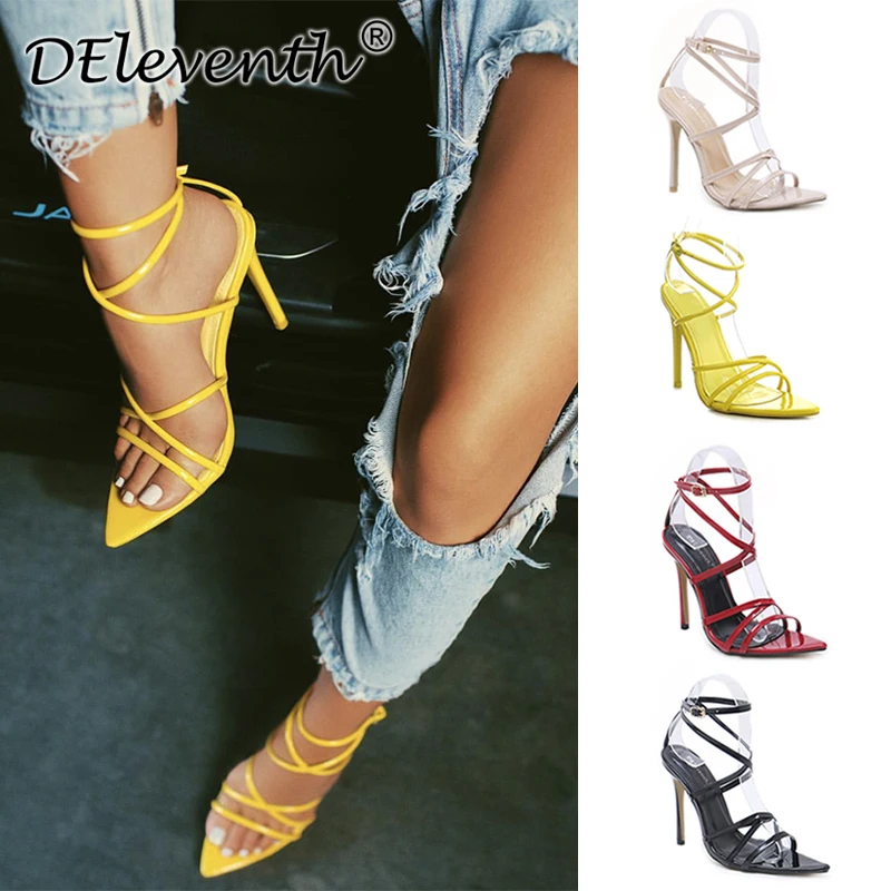 

EGO SIMMI Yellow Shoes Woman Net Red Pointy 12cm High Heel Sandals Big Size Women's Shoes 43 Yards Hasp Shoes