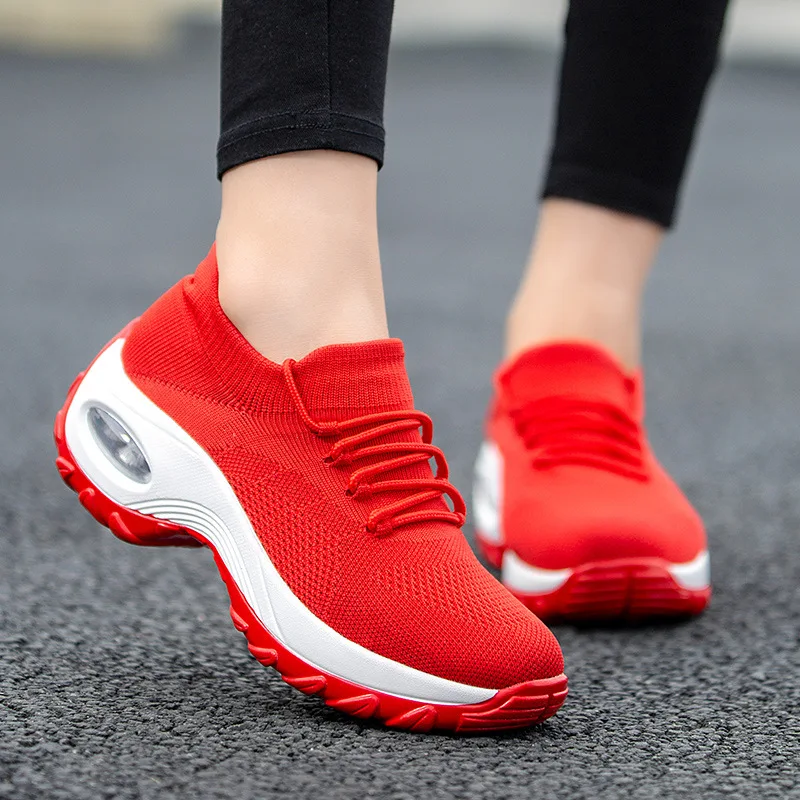 

Breathable Mesh Sock Shoes Women Sneakers Yellow Red Flying Lady Casual Shoes Wedge Fashion Platform Woman Sneakers Thick Sole