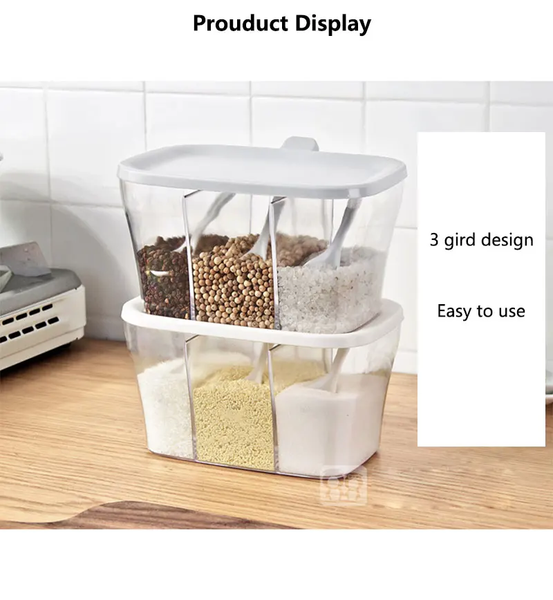 Baffect Plastic Stackable Seasoning Box Spice Rack 3 Gird Spice Jars with Lid and Spoon Container Box For Salt Sugar Pepper MSG