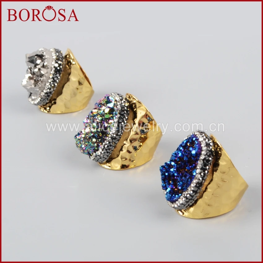 BOROSA Gold Color Rainbow Crystal Titanium Druzy Quartz Copper Ring Paved Zircon for Women JAB255