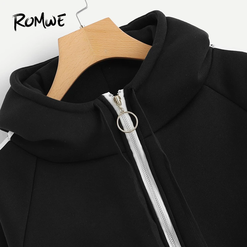 ROMWE рукав реглан на молнии куртка черный Прохладный для женщин шнурок демисезонный внешний с длинным рукавом на молнии