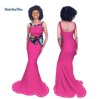 

New African Print Dresses for Women Bazin Riche Long Bow knot Pearls Mermaid Dress Vestidos Traditional African Clothing WY3284
