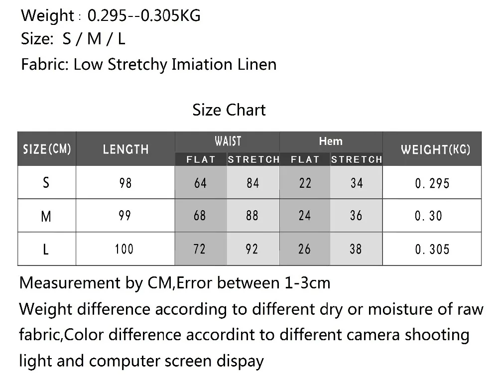 LLP001 Imitation linen harem pant size chart