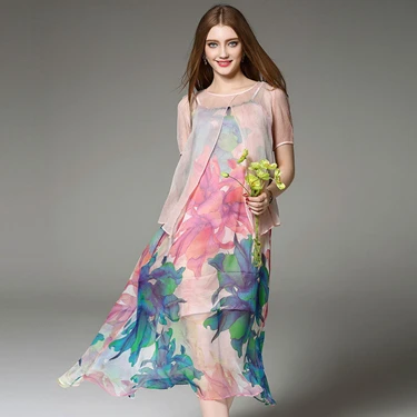 Шелковое женское платье из двух частей с принтом, о-образный вырез, а-силуэт, короткий рукав, пляжный стиль, длинное платье, новая мода, лето - Цвет: Многоцветный
