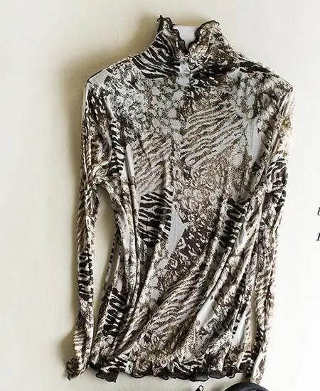 

The Neckline Pleated Silk Mesh Shirt Female Double 100% Silk Slim Long Sleeved Turtleneck