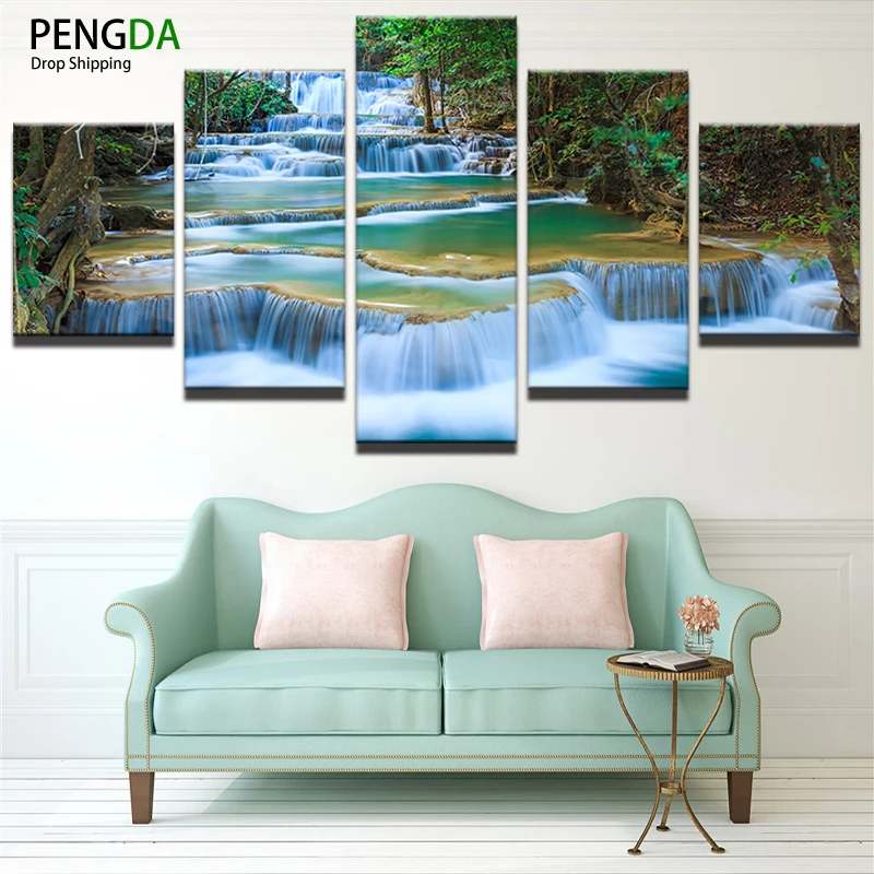 

Canvas Painting Wall Art Frame Home Decor Living Room 5 Pieces Forest Peaceful Waterfall Lake Poster HD Printed Pictures PENGDA