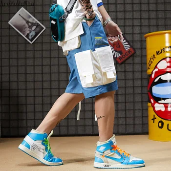 

AreMoMuWha 2019 Summer New Original Contrast Large Pockets Shorts Overalls Loose Hip Hop Student Casual Five Shorts Streetwear