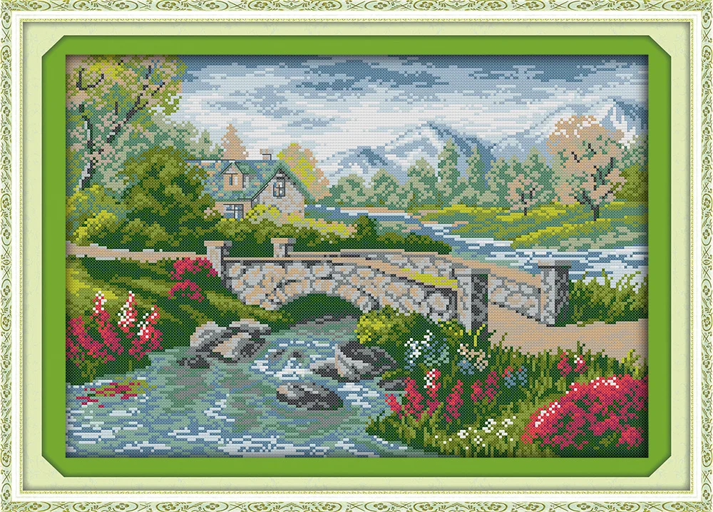 

A small bridge over the flowing stream Canvas DMC Counted Cross Stitch Kits printed Cross-stitch set Embroidery Needlework