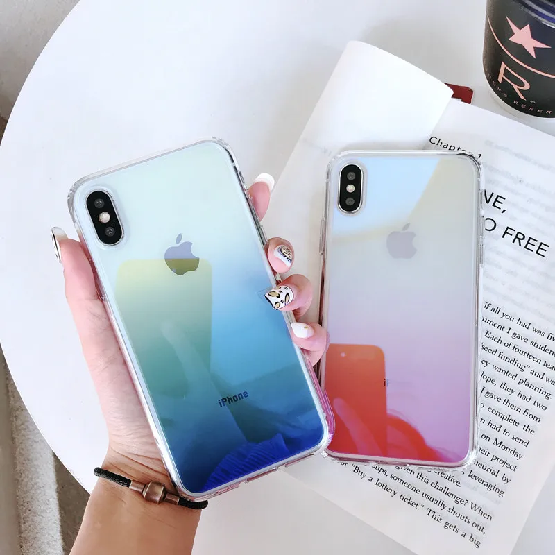 

Gradient Color Case For iPhone 7 8 Plus Luxury Blue Ray Aurora Pattern Acrylic Phone Cases For iPhone XS Max XR XS X Back Coque