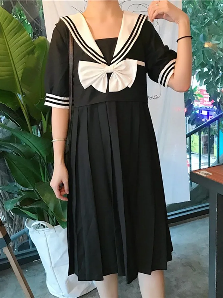 

2019 Japanese Lolita Cute Black Dress Women Autumn Harajuku Gothic Sweet Bow Lace Vestidos Vintage Loose Girls Kawaii Mini Dress