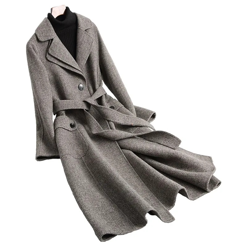 Длинное шерстяное женское двухстороннее корейское твидовое пальто, весенне-осеннее Женское пальто, Abrigos Mujer Elegante KQN38078-1 KJ2325