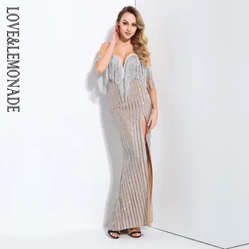

LOVE & LEMONADE Silver Stripes Deep V Collar Tassels Decorated Long Dresses LM0663